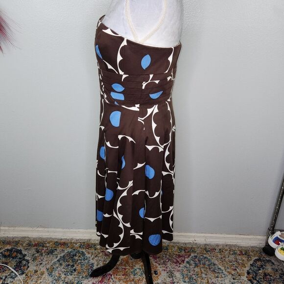 VTG Kay Unger Brown & Blue Polka Dot Strapless Fit & Flare Pleated Hem Dress 12 - Picture 11 of 15